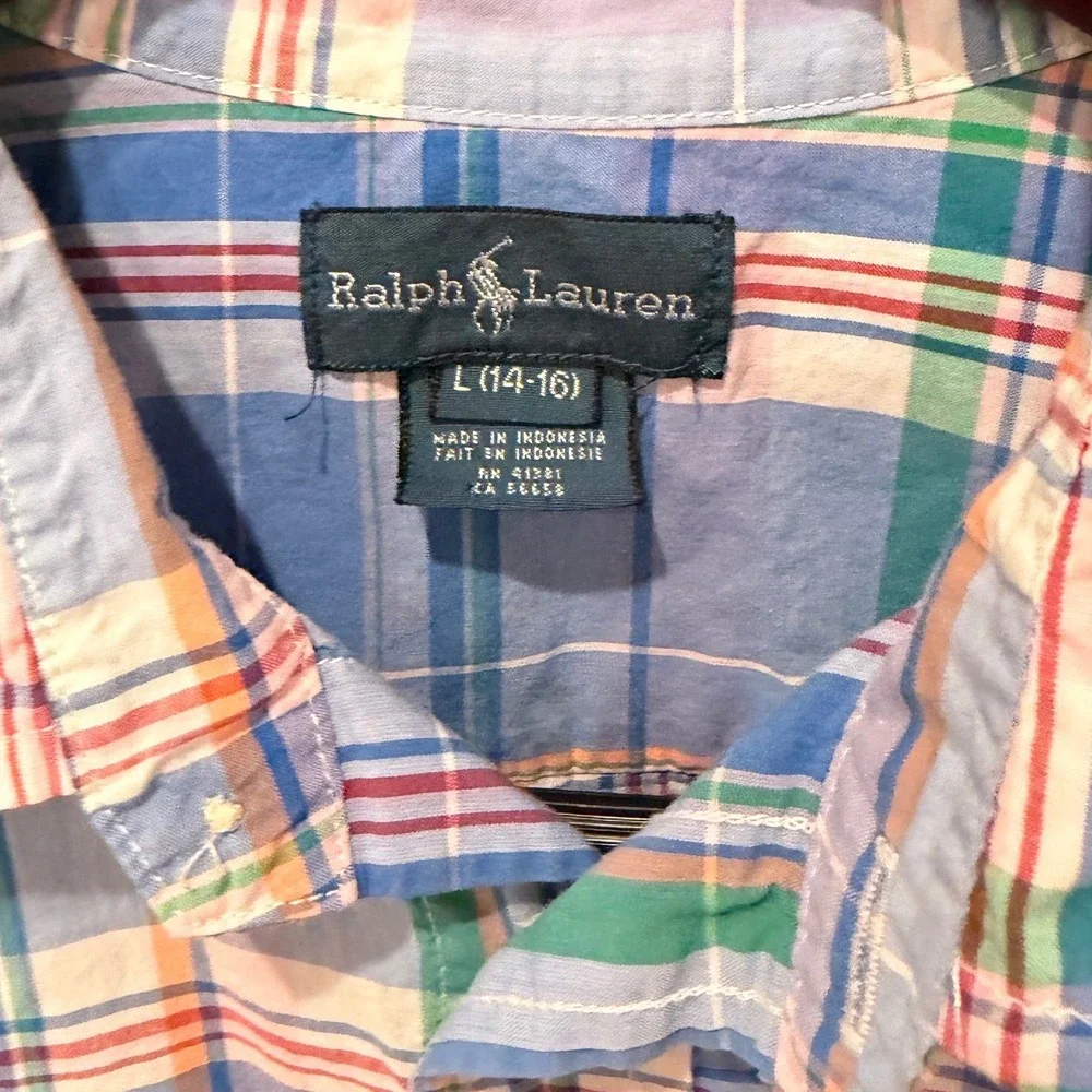 Ralph Lauren Boys Blue Green Orange Plaid Short Sleeve Button Down Shirt L 14-16